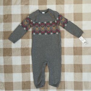 Carters Gray Knit Reindeer Sweater One Piece with Holiday Pattern NWT 12-18 mo
